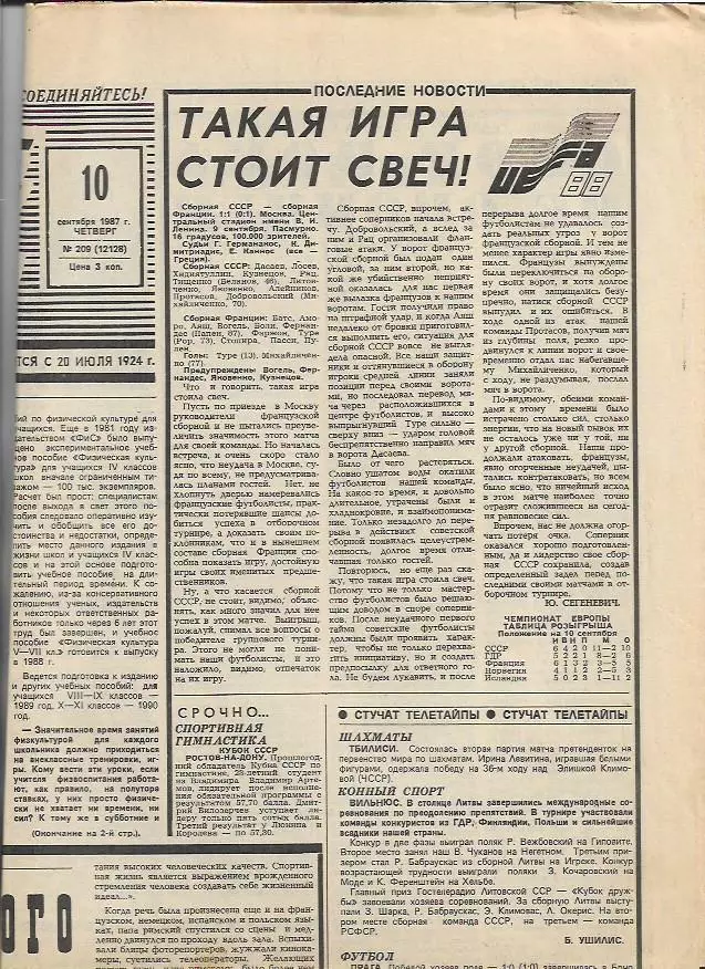 Советский Спорт № 209 (12128) 10 сентября 1987 года СССР Франция футбол