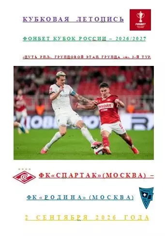 ФК Спартак Москва ФК Родина Москва 2 сентября 2026 года Кубковая Летопись АВТОР