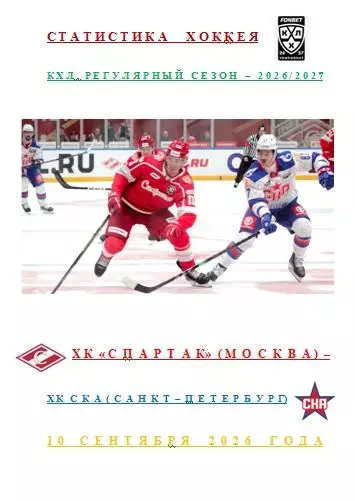 ХК Спартак Москва ХК СКА Санкт-Петербург 10 сентября 2026г Статистика Хоккея АВТ