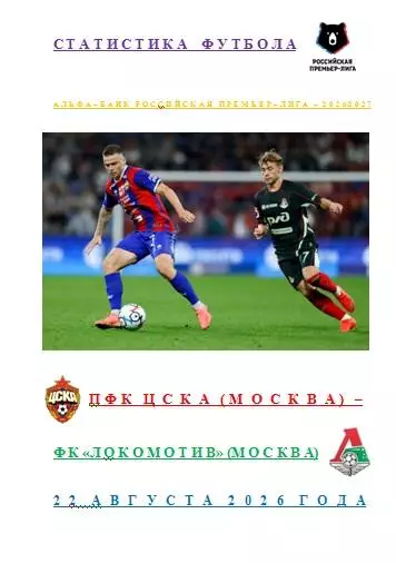 ПФК ЦСКА Москва ФК Локомотив Москва 22 августа 2026 года Статистика Футбола АВТ
