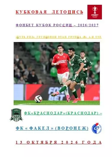 ФК Краснодар Краснодар ФК Факел Воронеж 13 октября 2026 г Кубковая Летопись АВТ