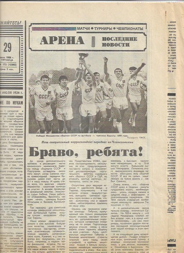 юношеская сборная ссср - чемпион европы 1988 года отчёт + фото советский спорт