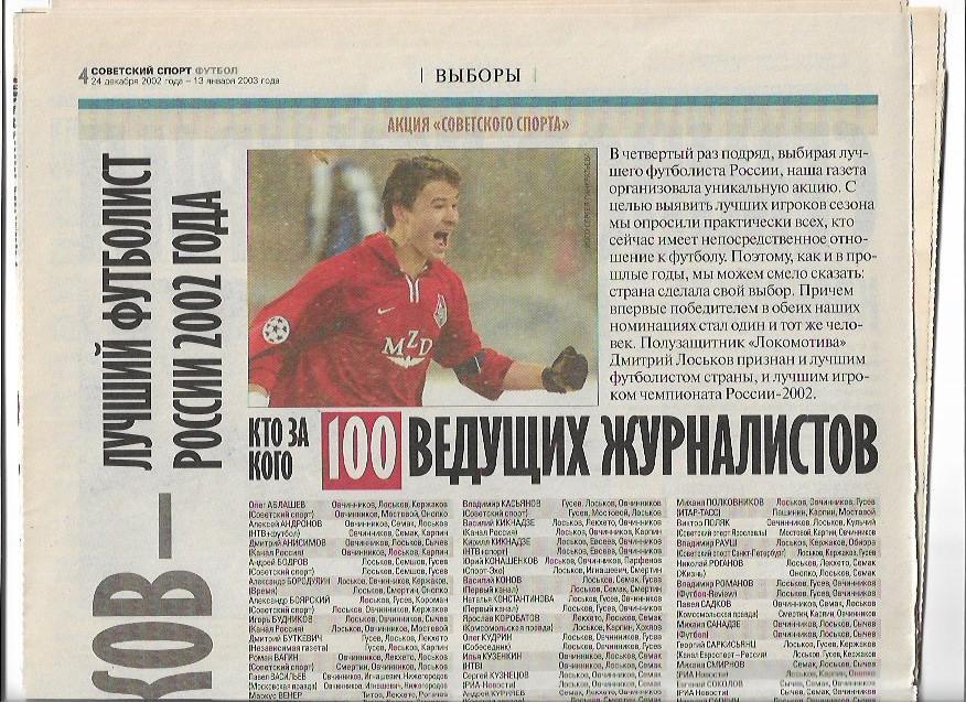 дмитрий лоськов - лучший футболист россии 2002 советский спорт голосование+фото