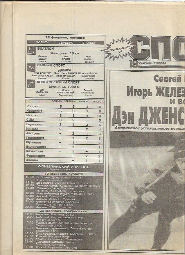 зимние олимпийские игры 1994 года лиллехаммер норвегия спорт экспресс 19 февраля