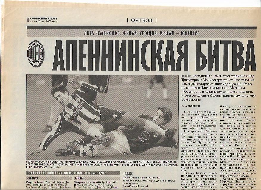 милан ювентус 2003 лига чемпионов финал превью к матчу составы советский спорт