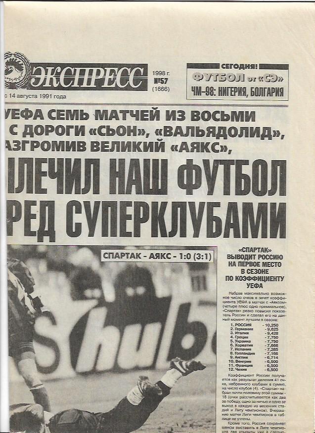 спартак москва аякс голландия 17 марта 1998 кубок уефа 1/4 финала спорт экспресс