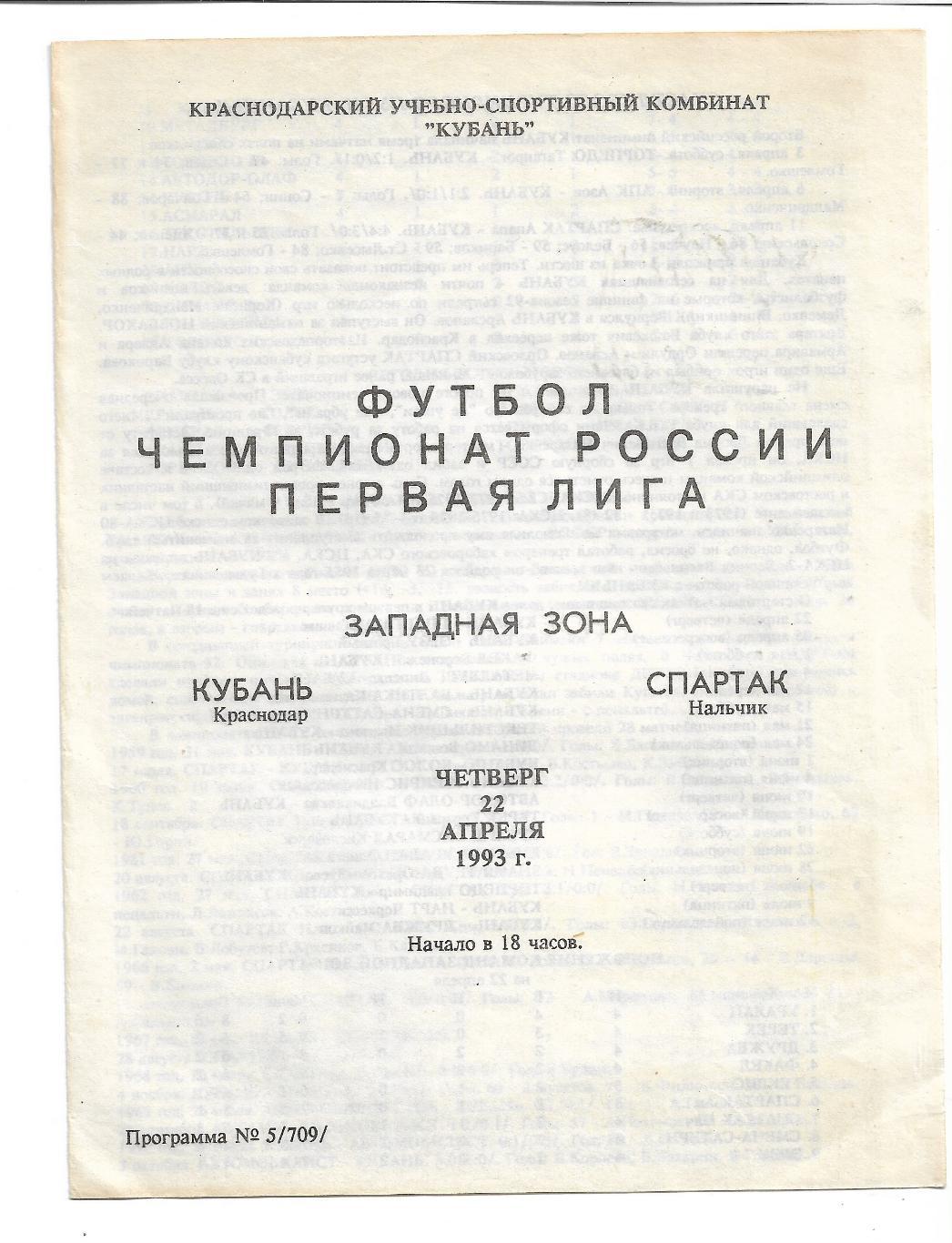 Кубань Краснодар Спартак Нальчик 22 апреля 1993 года