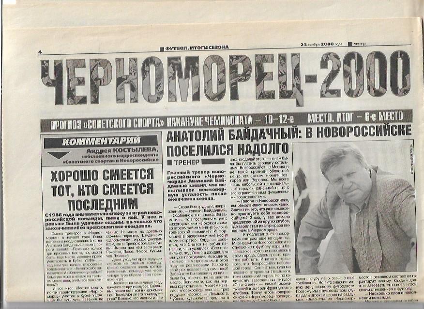 Черноморец Новороссийск 2000 Итоги сезона Статистика игроков Советский Спорт