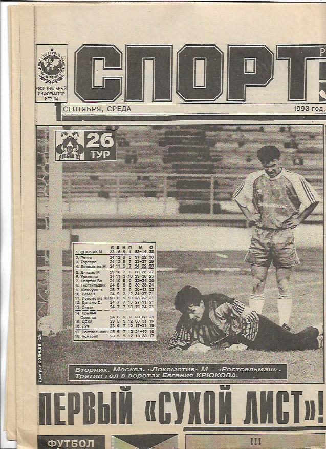 Спорт Экспресс 1 сентября 1993 года № 198 (547) Локомотив Ростсельмаш US Open-93