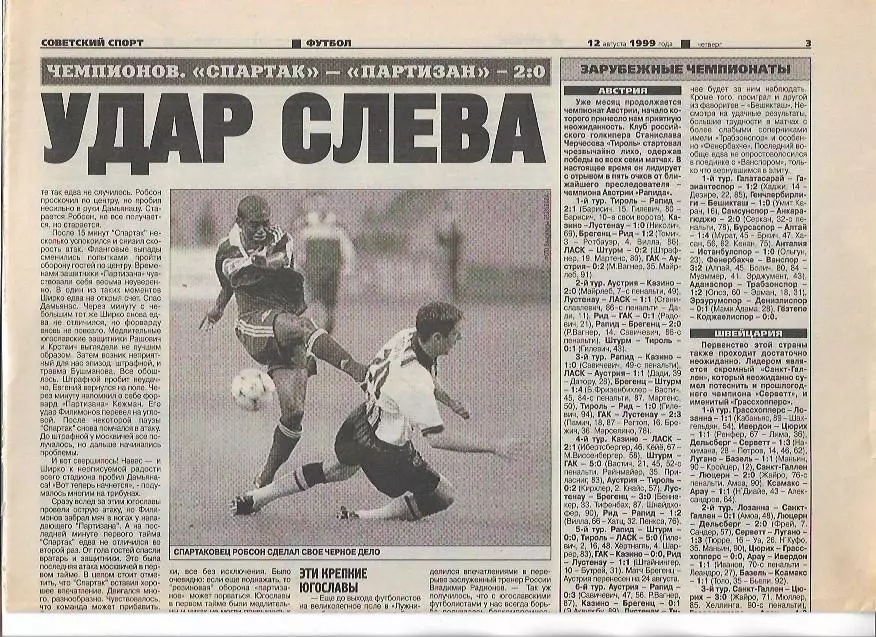 Спартак Москва Партизан Белград 11 августа 1999 года Статистика Советский Спорт 2
