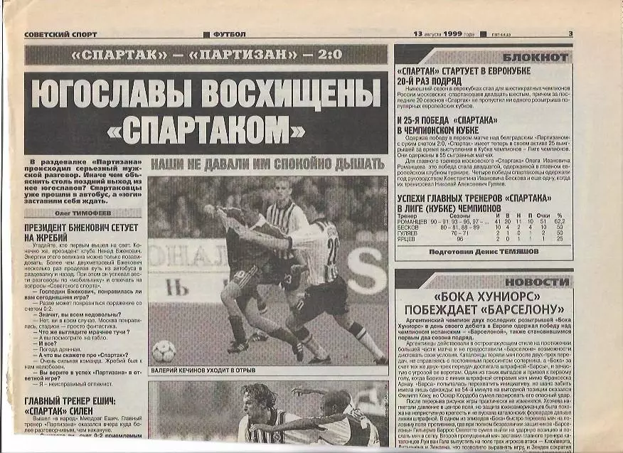 Спартак Москва Партизан Белград 11 августа 1999 г Интервью Фото Советский Спорт 1