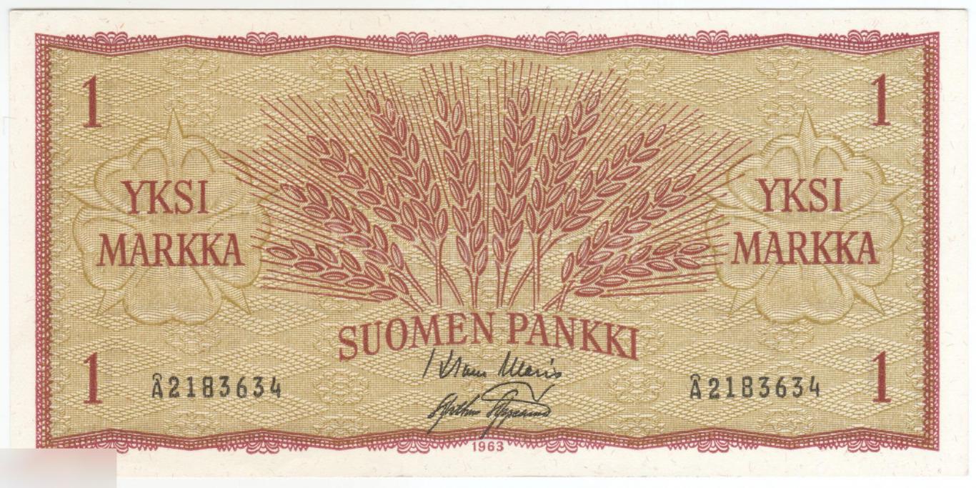 Финляндия 1 марка 1963 год UNC Подпись №3