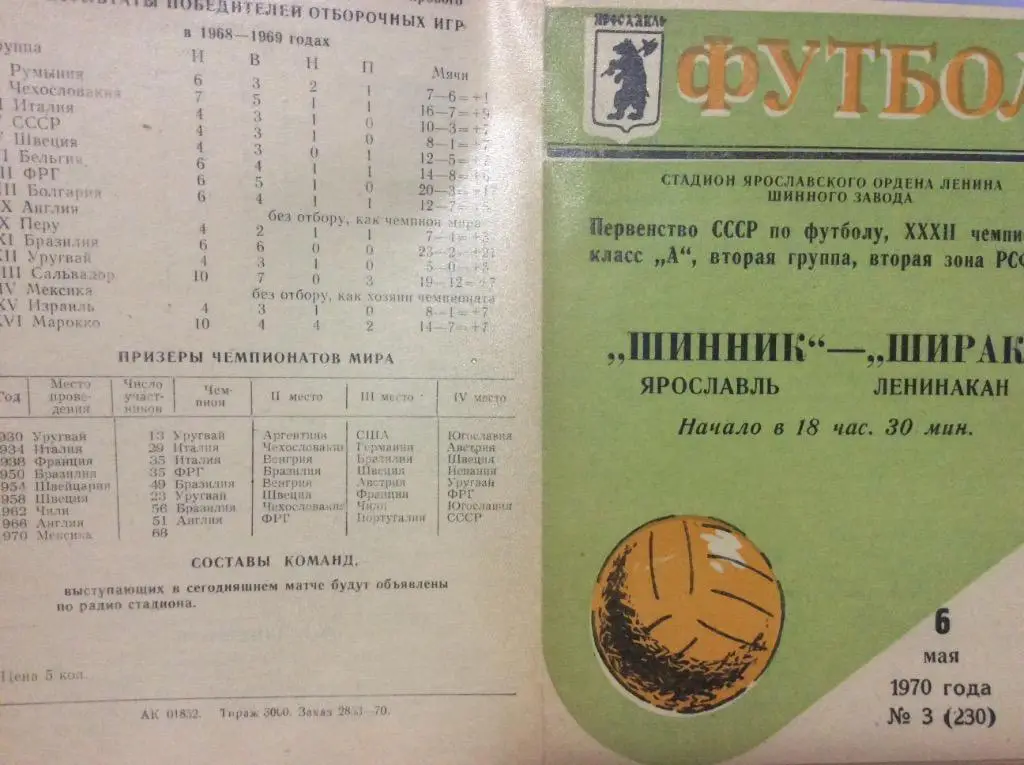 Программа. Шинник Ярославль - Ширак Ленинакан. 1970 год