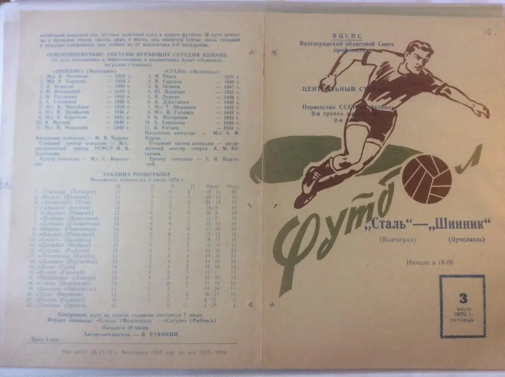 Программа. Сталь Волгоград - Шинник Ярославль. 1970 год