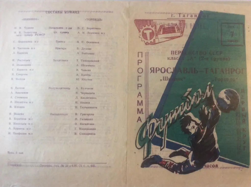 Программа. Торпедо Таганрог - Шинник Ярославль. 1970 год