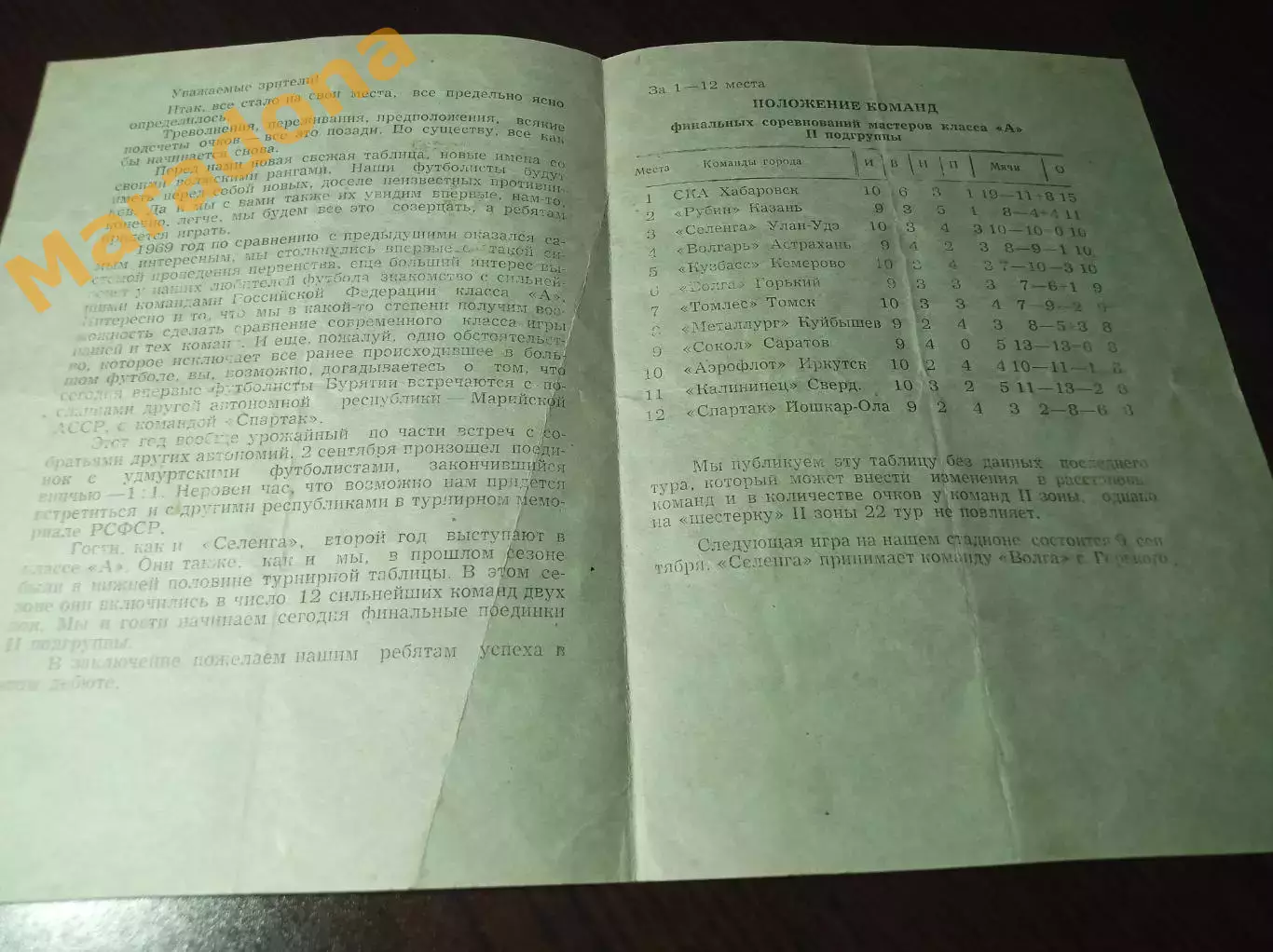 Селенга Улан-Удэ - Спартак Йошкар-Ола 1969 Брак печати 2