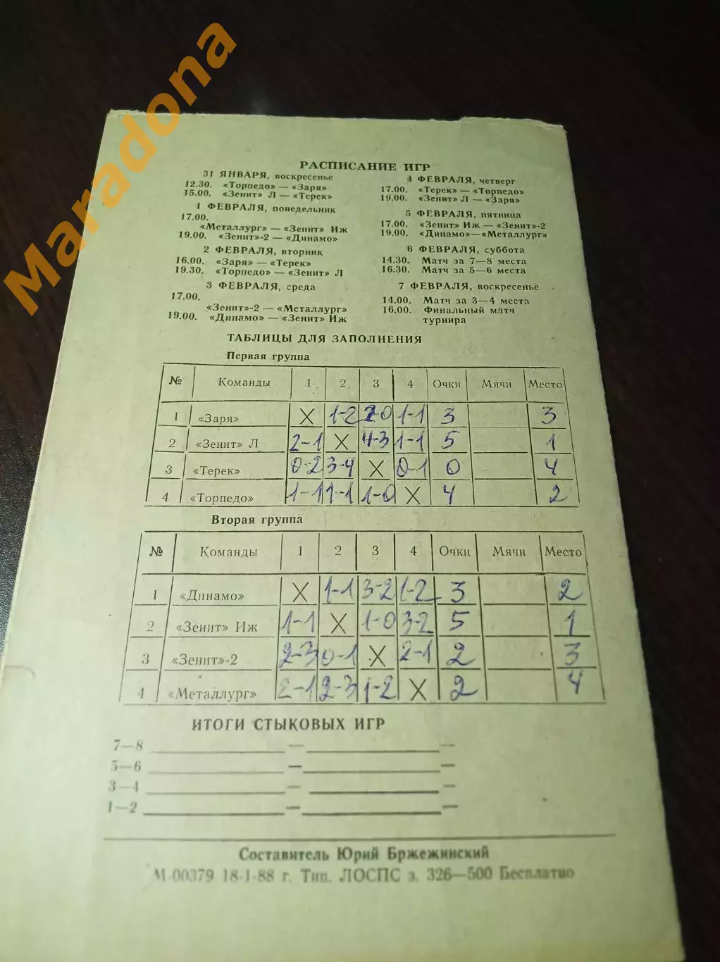 Турнир Леноблсовпрофа 1988 Ленинград Калуга Ижевск Липецк Владимир Грозный 1