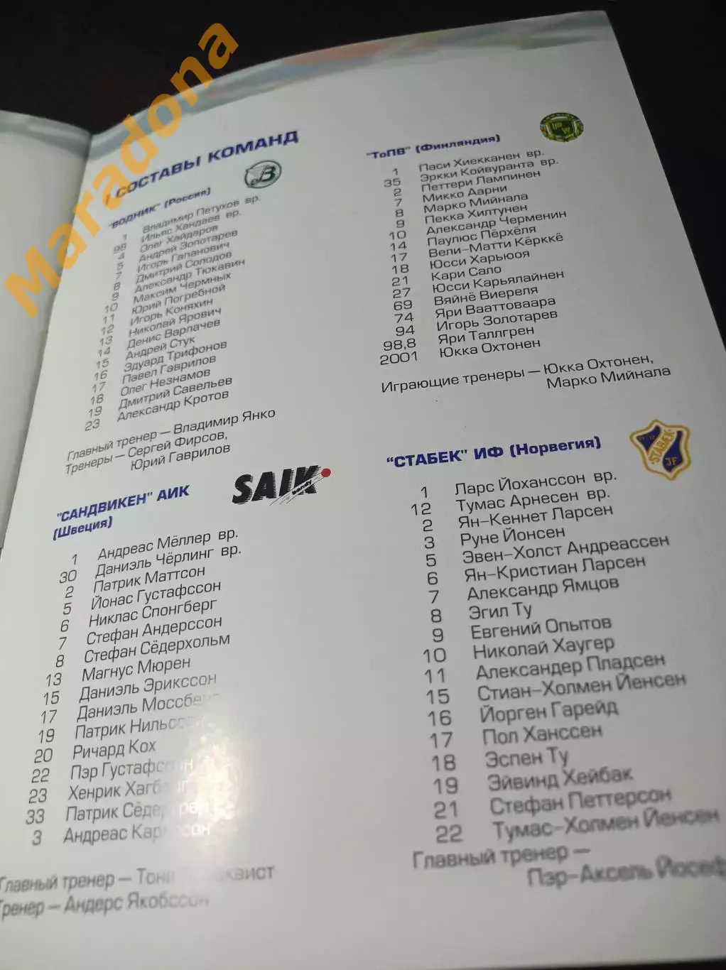 Кубок Чемпионов Архангельск/Северодвинск 2000 Водник Сандвикен Стабек ТоПВ 2
