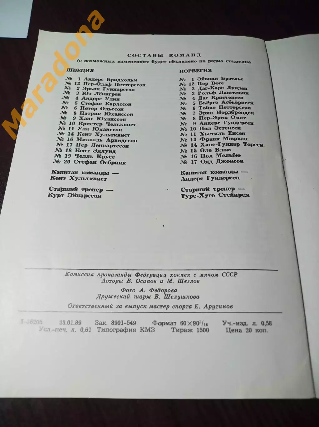 Чемпионат мира Красногорск 1989 Швеция - Норвегия 1