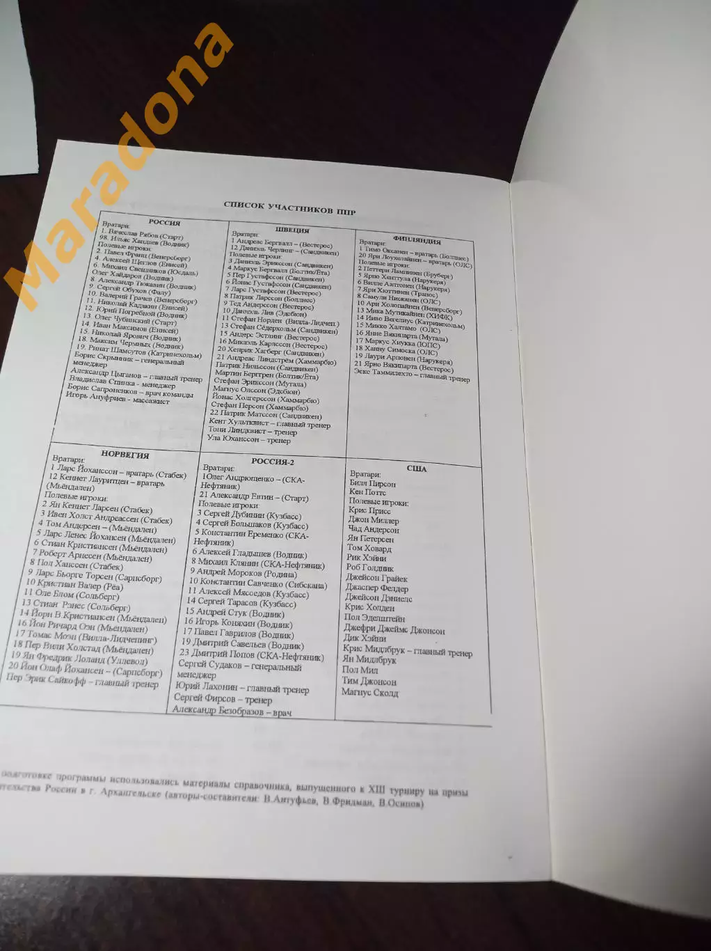 турнир Правительства Архангельск 2002 Россия Швеция Норвегия Финляндия США 2
