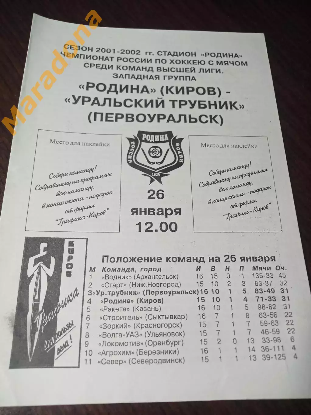 Родина Киров - Уральский Трубник Первоуральск 2001/2002