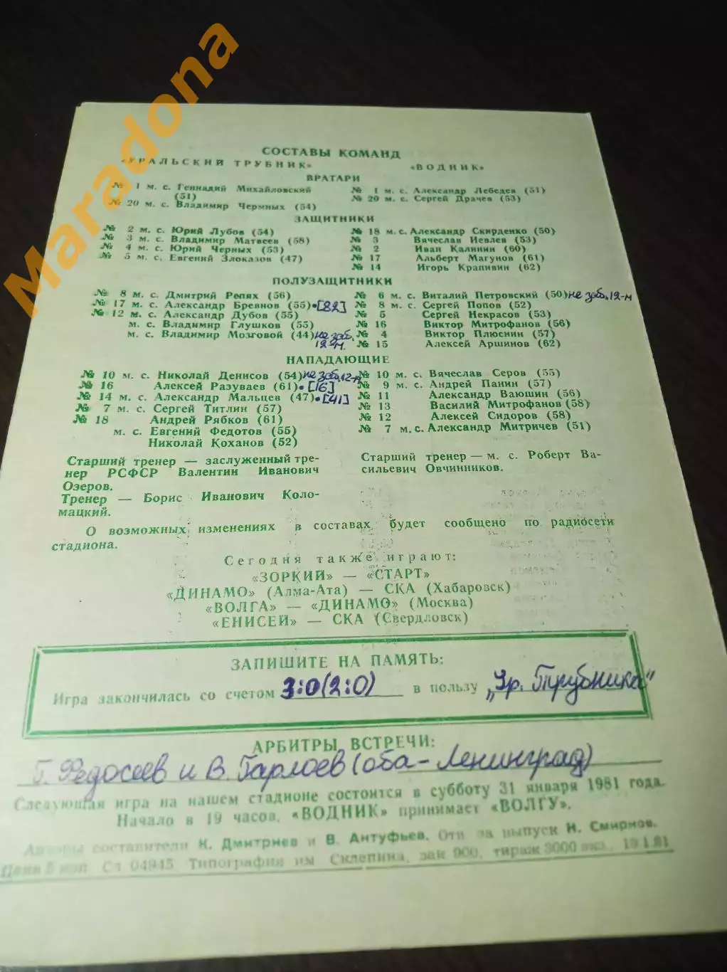 Водник Архангельск - Уральский Трубник Первоуральск 1980/1981 1