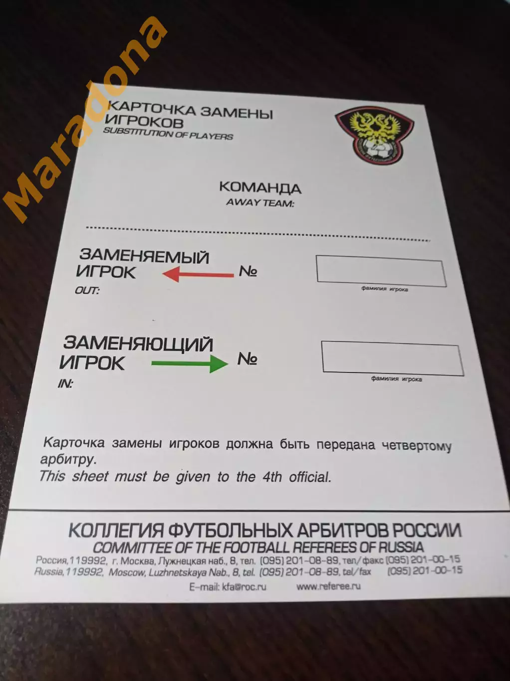 _ Карточка замены игроков