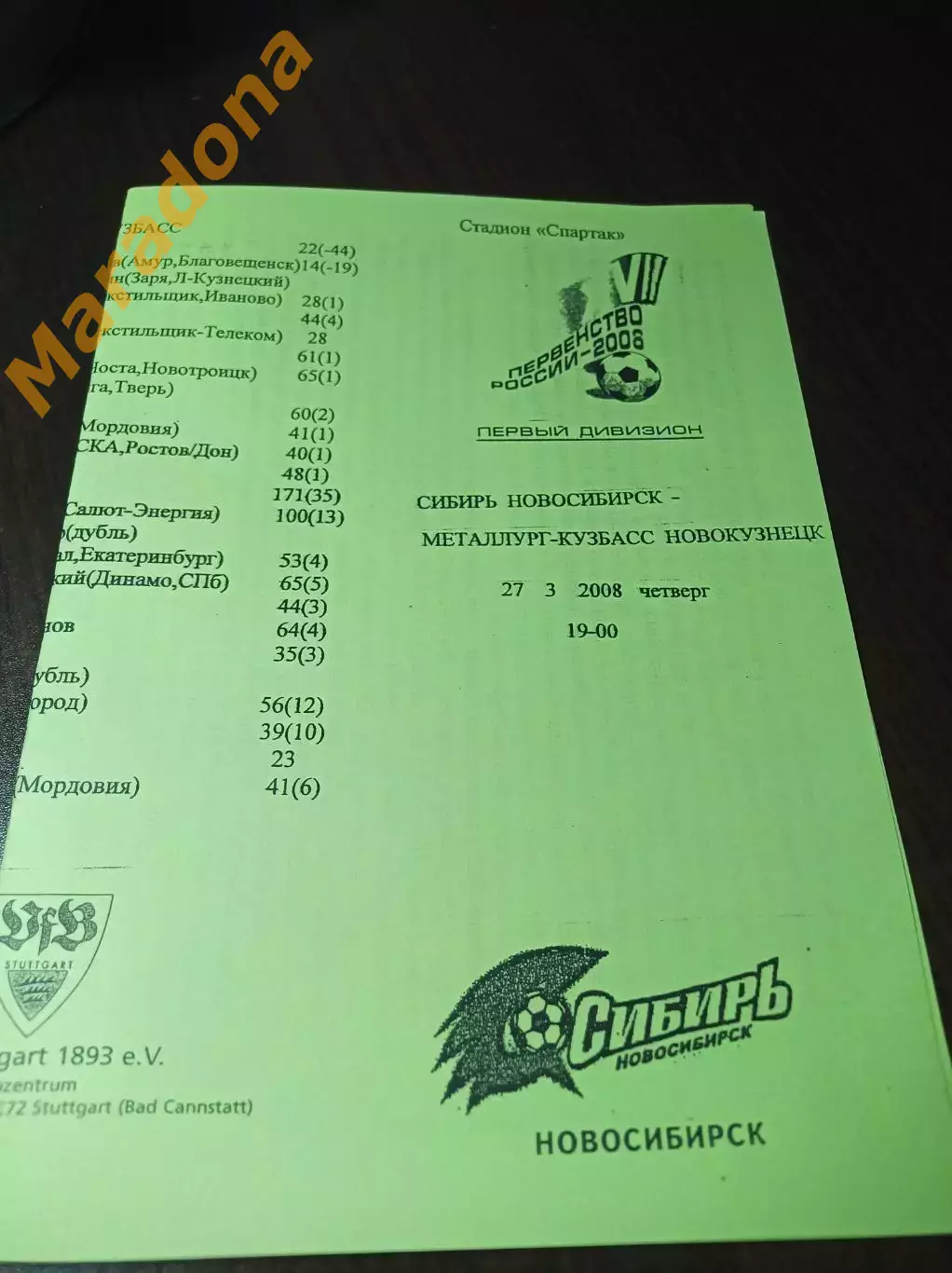 _ Сибирь Новосибирск - Металлург-Кузбасс Новокузнецк 2008 лимонная