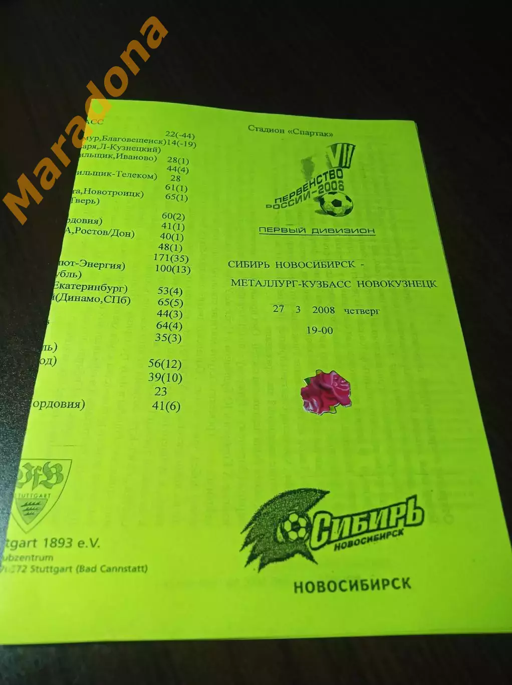 _ Сибирь Новосибирск - Металлург-Кузбасс Новокузнецк 2008 жёлтая