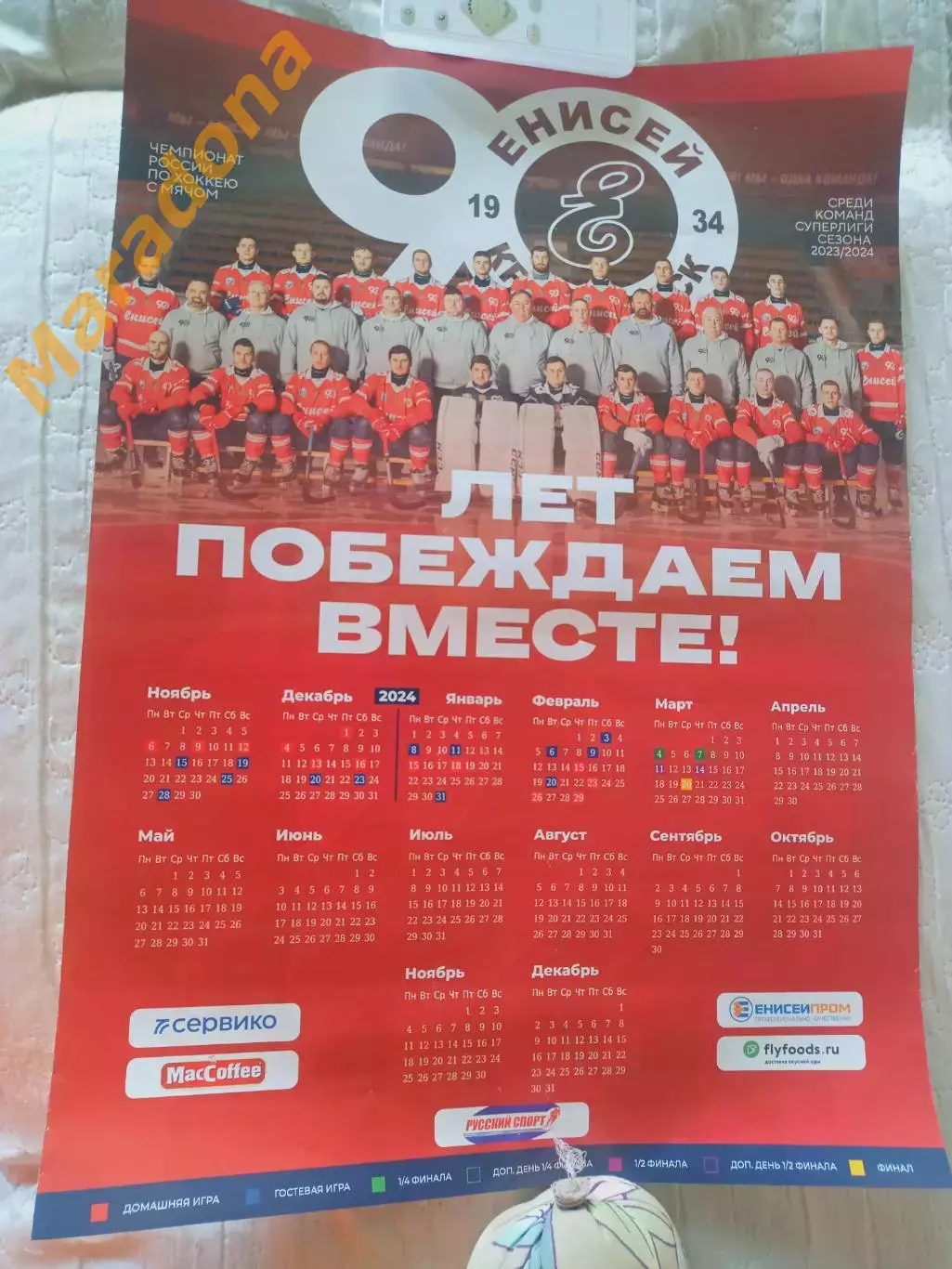 Постер хоккей с мячом Енисей Красноярск 2023/2024 90 лет побеждаем вместе