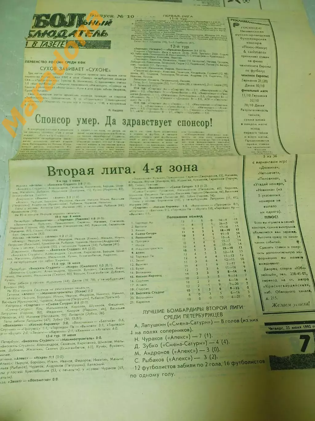Футбольный наблюдатель Санкт-Петербург #10 1992 Биосвязь-Студент=Галакс