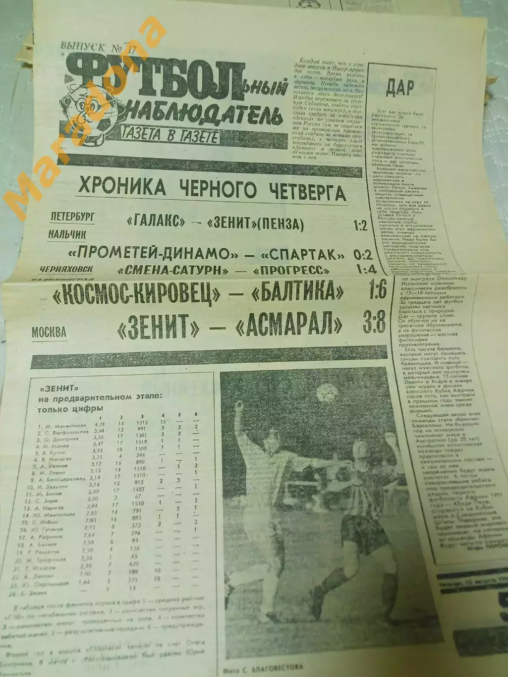 Футбольный наблюдатель Петербург #17 1992 Асмарал Москва-Зенит Желудков
