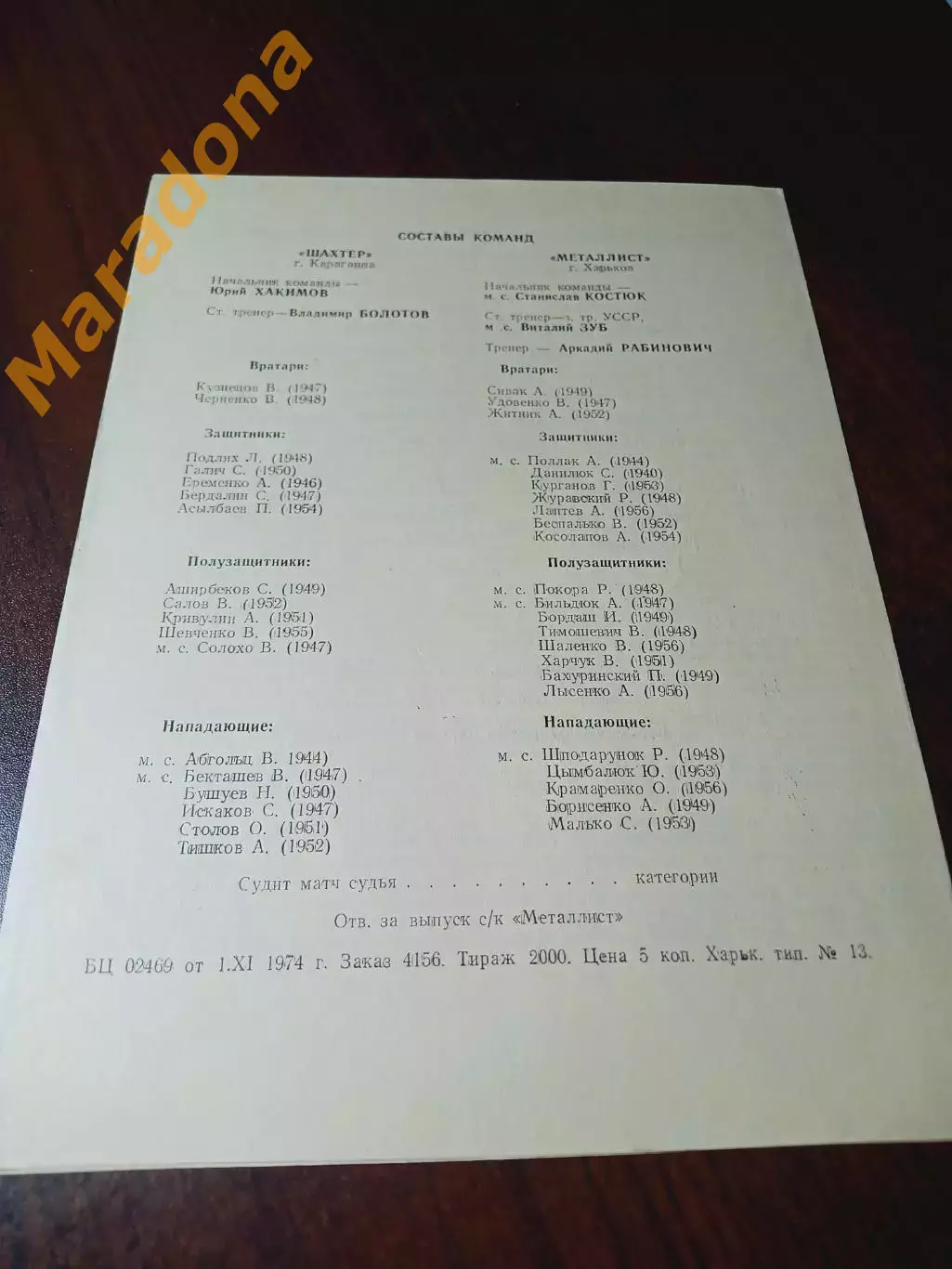 _ Металлург Харьков - Шахтёр Караганда 1974 1