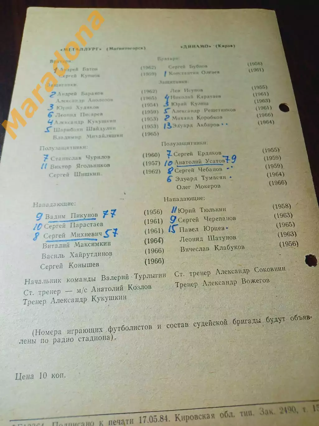 _ Динамо Киров - Металлург Магнитогорск 1984 автограф Михневич 1