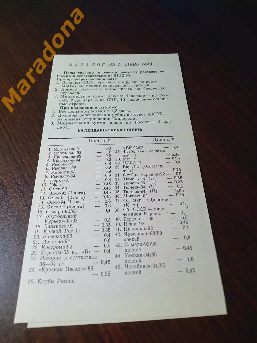_ Каталог № 1 1995 Клуб футболофилов Ярославля