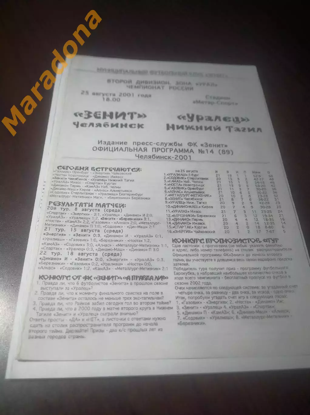 _ Зенит Челябинск - Уралец Нижний Тагил 2001