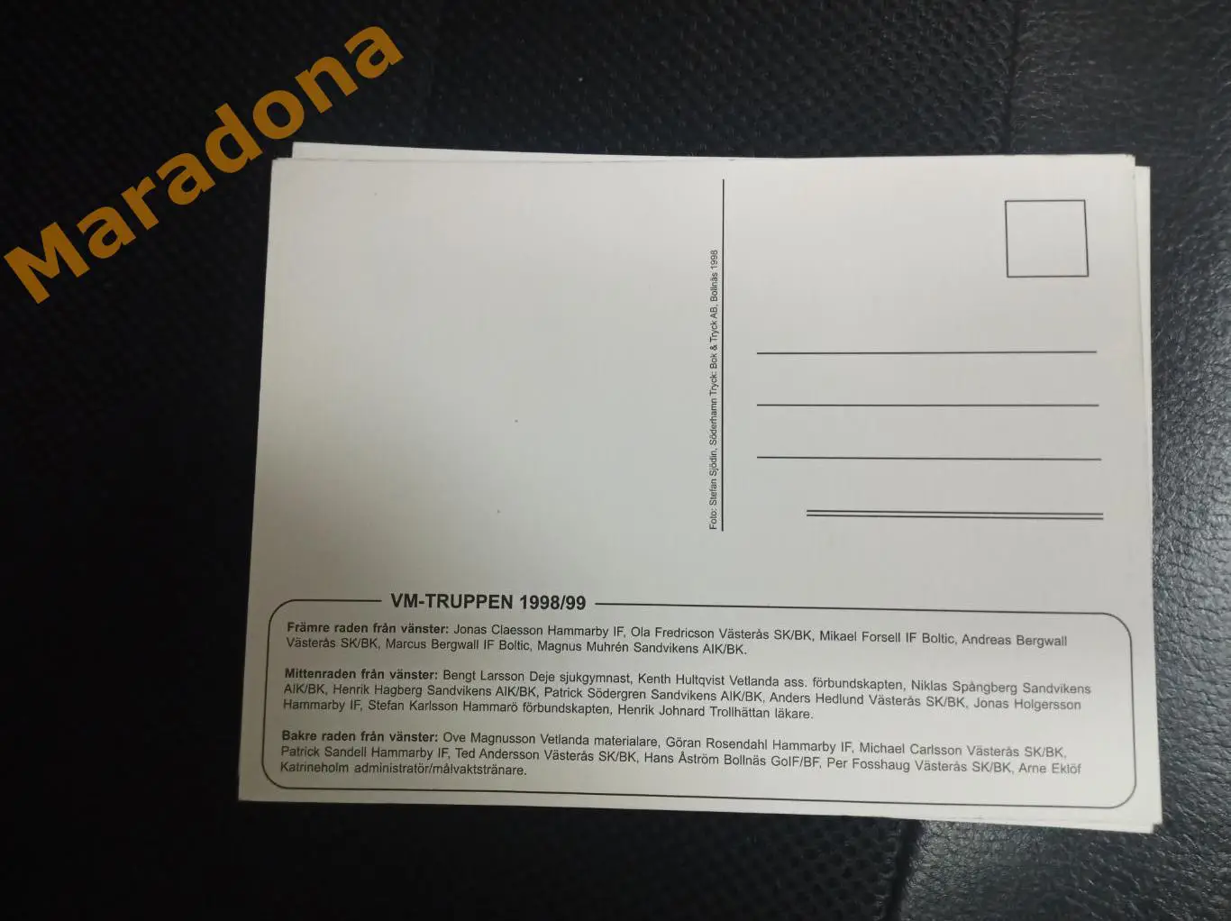 хоккей с мячом сборная Швеции 1998/1999 Кубок мира состав на обороте 1