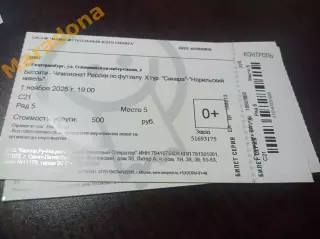 Билет Синара Екатеринбург - Норникель Норильск 2025/2026 с корешком