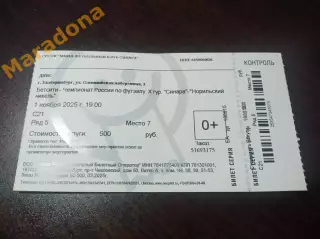 Билет Синара Екатеринбург - Норникель Норильск 2025/2026 согнут пополам