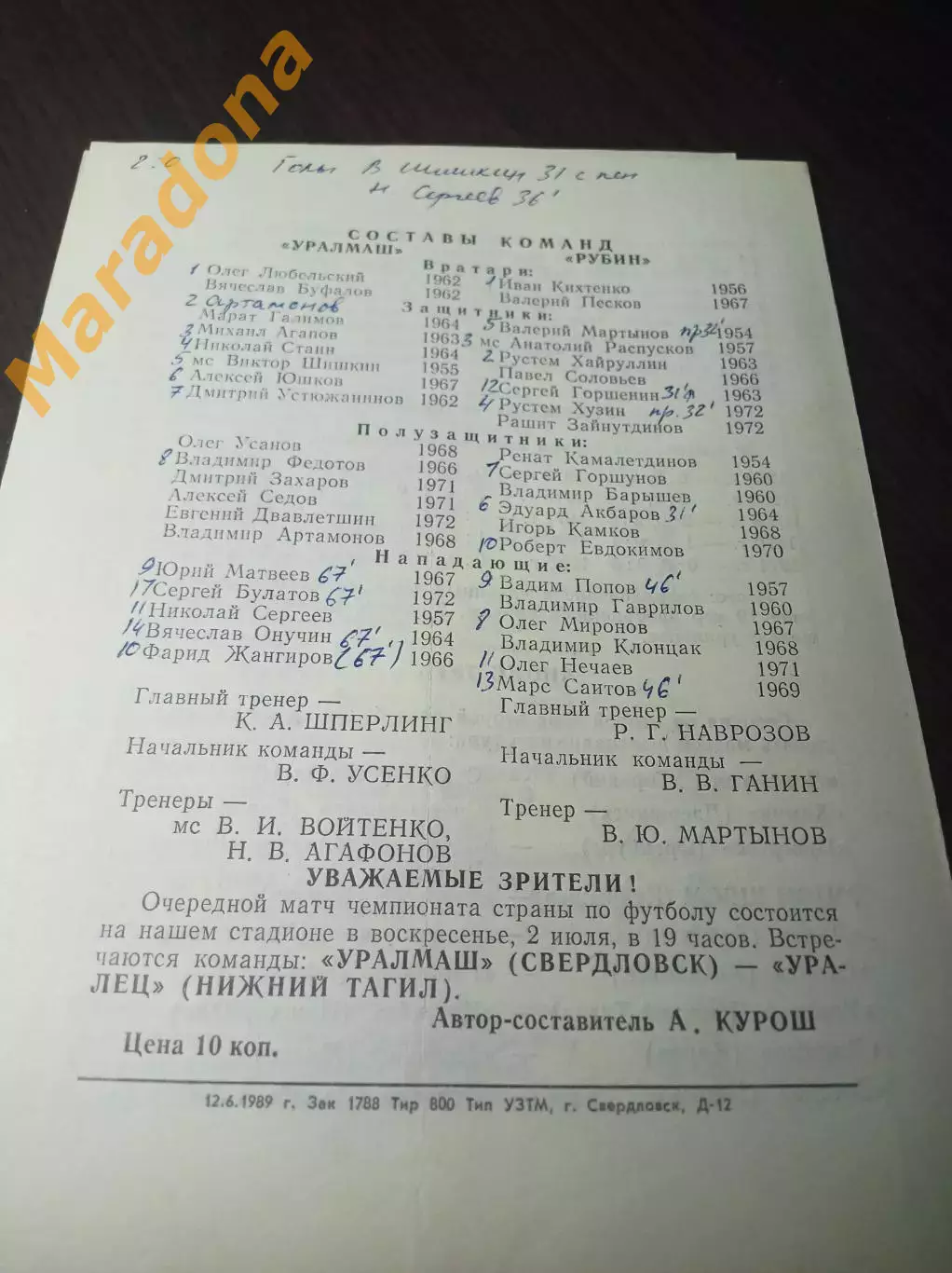 Уралмаш Свердловск - Рубин Казань 1989 1