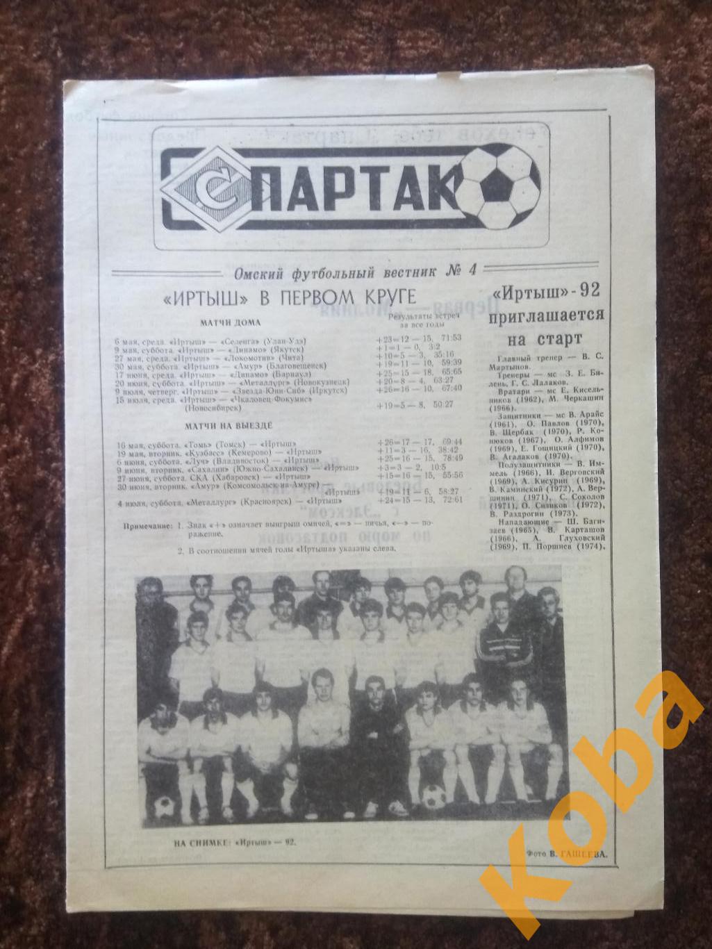Газета Спартак 1992 №4 Футбольное обозрение