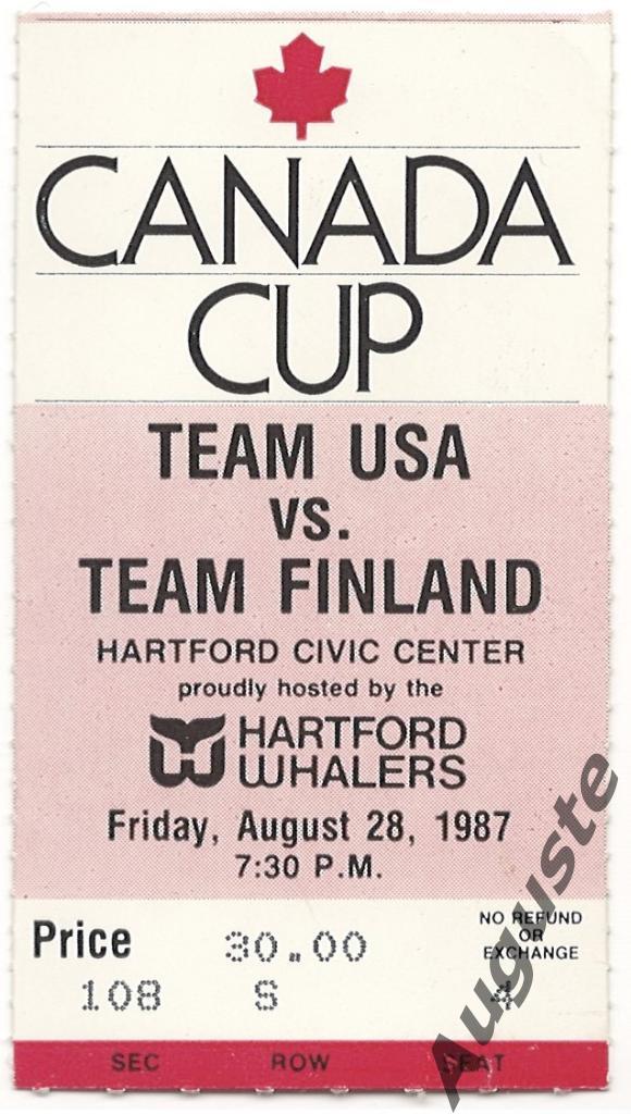 Билет США - Финляндия 28 августа 1987 г. Хартфорд. США. Кубок Канады.