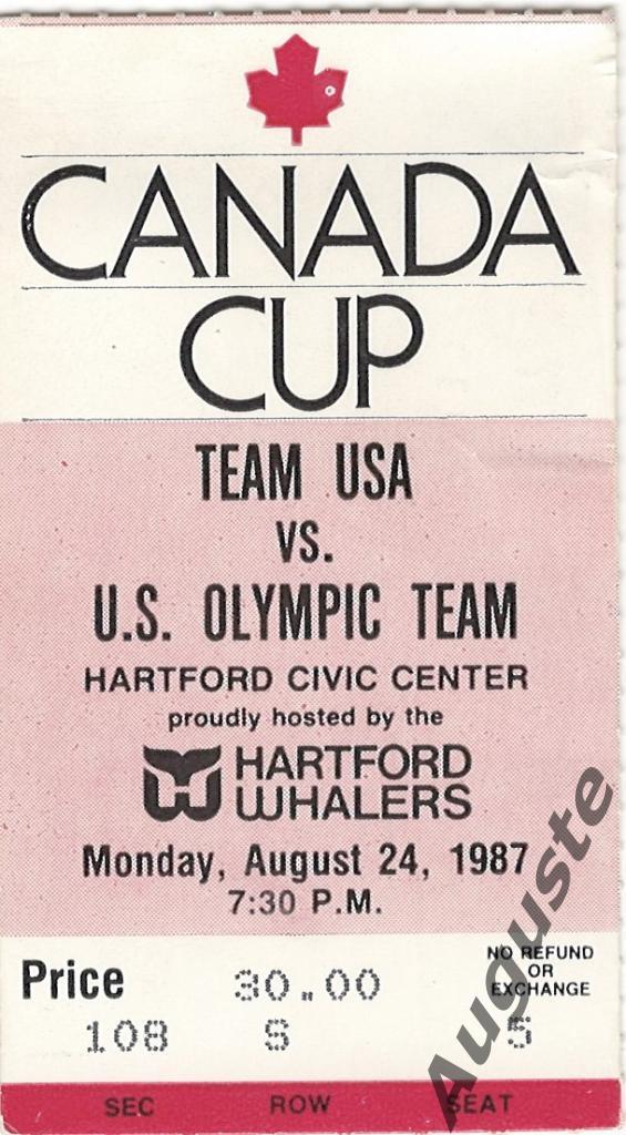 Билет США (национальная) – США (олимпийская) 24 августа 1987 г. Хартфорд. США.
