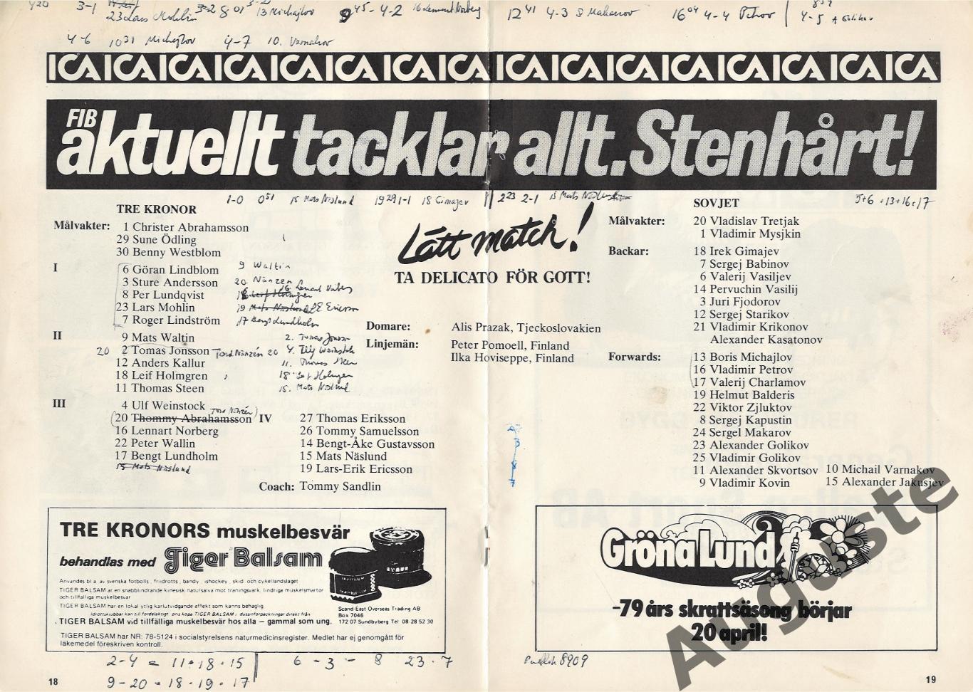 Швеция - СССР 1 и 2 апреля 1979. Стокгольм. Товарищеские матчи. 1