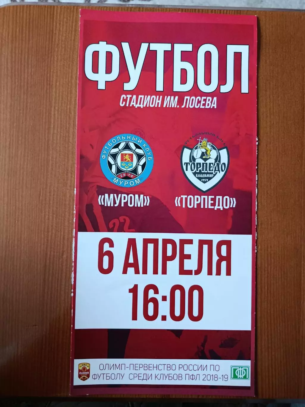 Программка на матч Муром - Торпедо Владимир 6.04.2019.