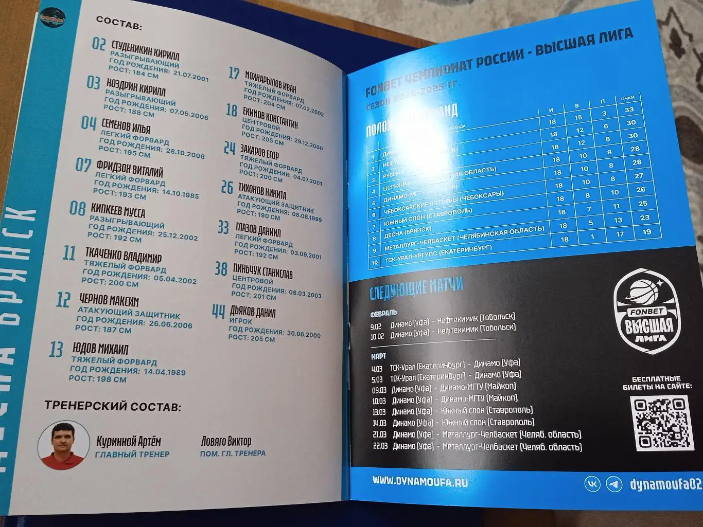 2025,январь Программа на матчи Динамо Уфа - Русичи Курск, Десна Брянск. 1