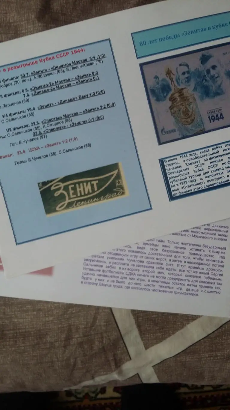Буклет 80 лет победы Зенита в кубке СССР.