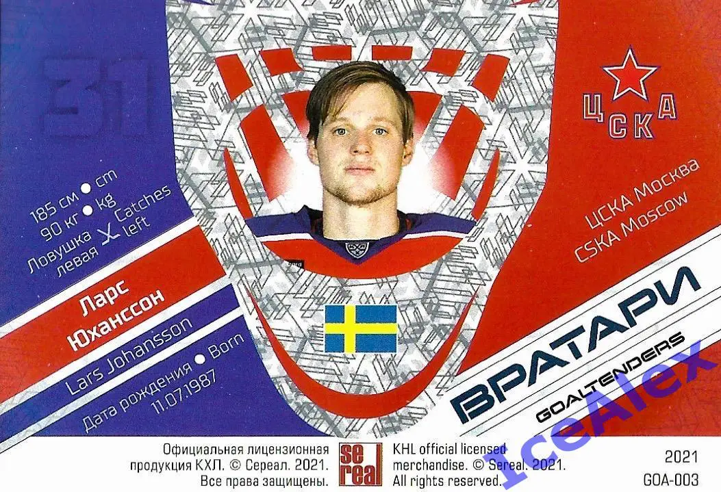 Sereal КХЛ 2020-21 13-й сезон, Вратари, Ларс Йоханссон, ЦСКА 1