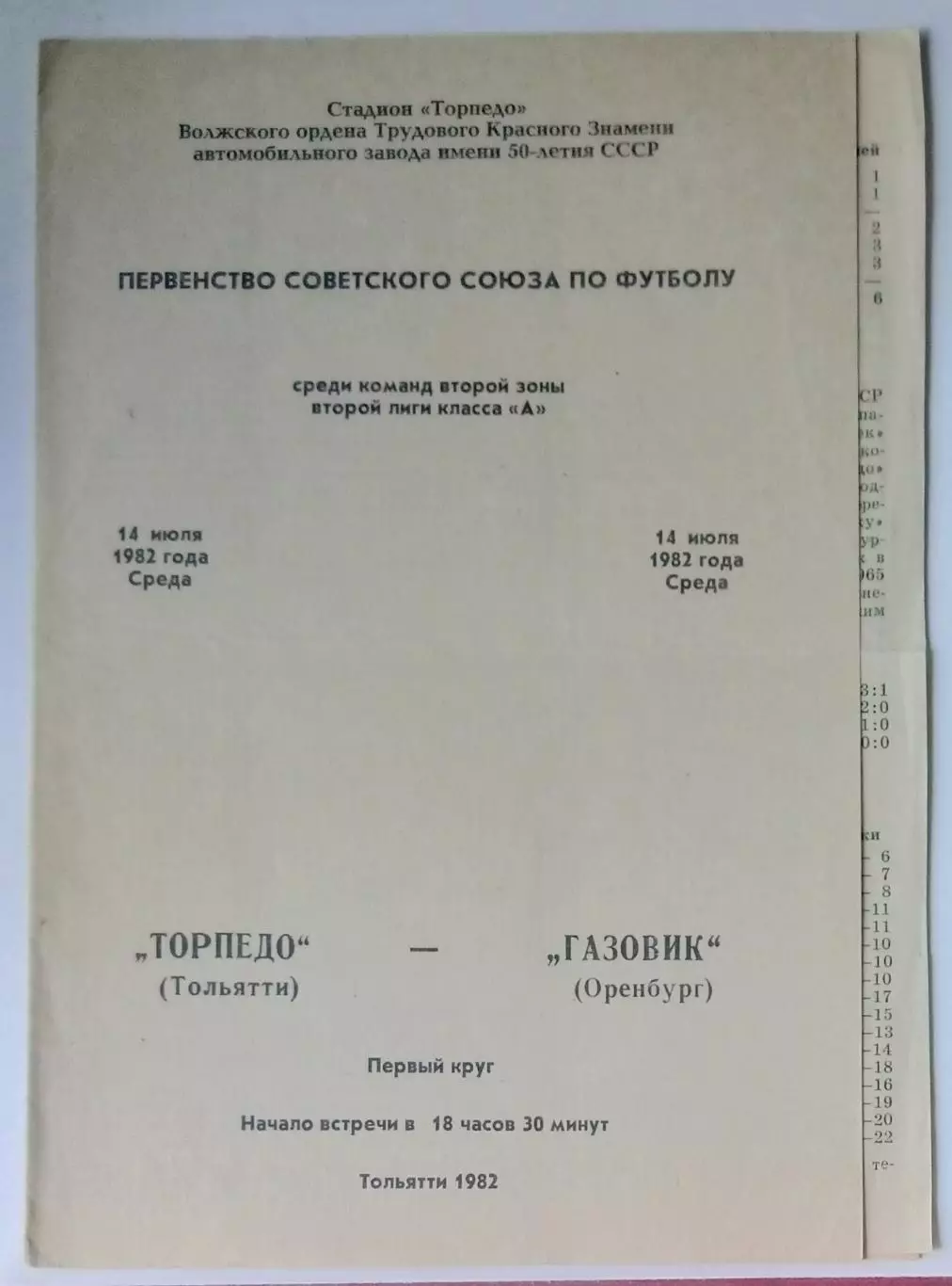 Торпедо Тольятти - Газовик Оренбург - 1982