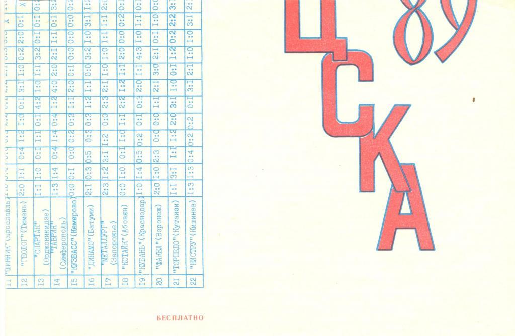 буклет ЦСКА 1989